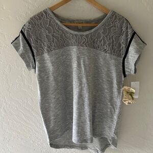 ONE WORLD | Women's Gray Lace Mixed Media Slub Cotton Blend Hi Low Top NEW Small